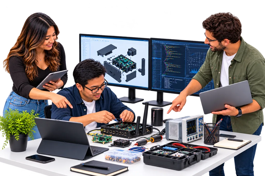 A team configuring connected security hardware and reviewing device designs on screen
