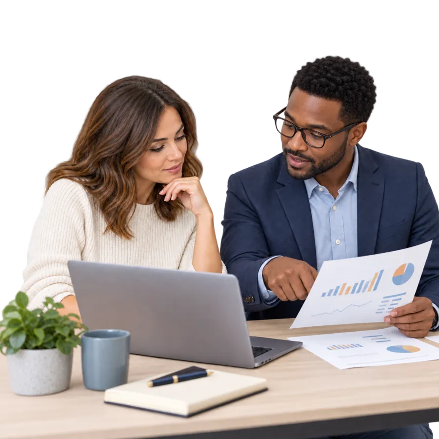 Business owner and adviser reviewing a performance report together
