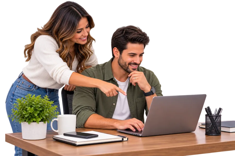 Business owners reviewing local search information on a laptop