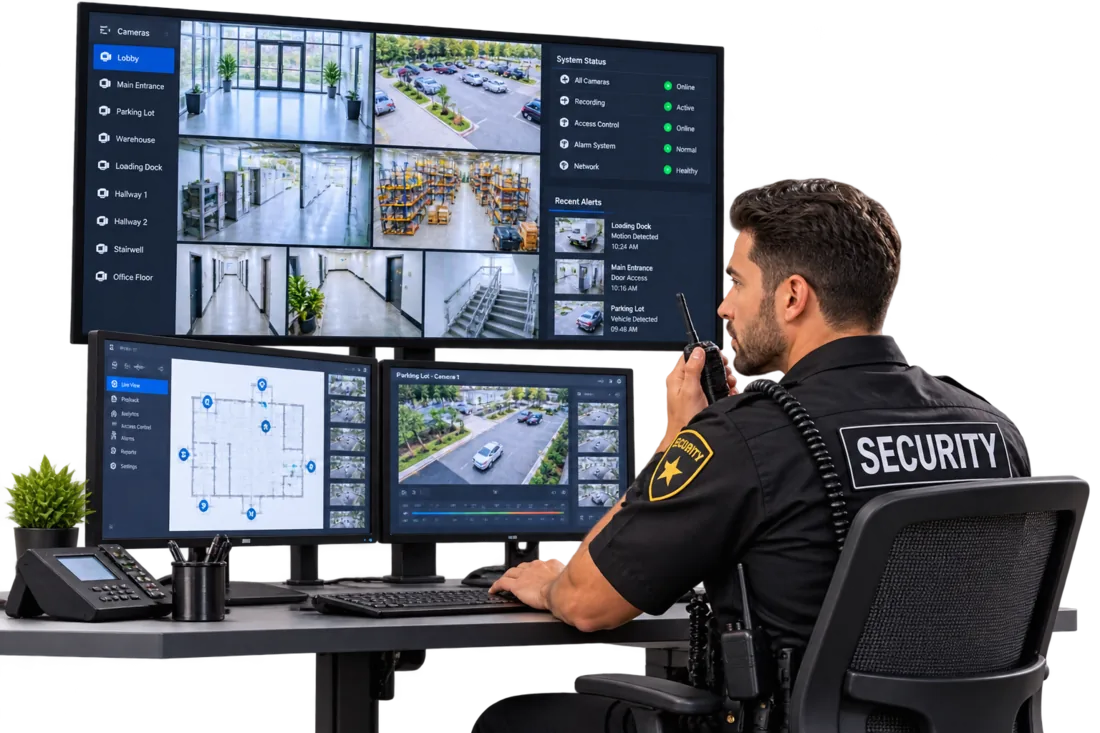 A security operator monitoring live camera feeds and system status on a surveillance dashboard