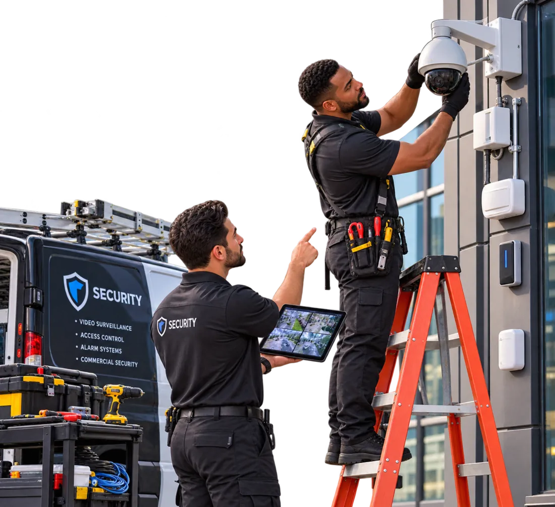 Security technicians installing a surveillance camera on a commercial building