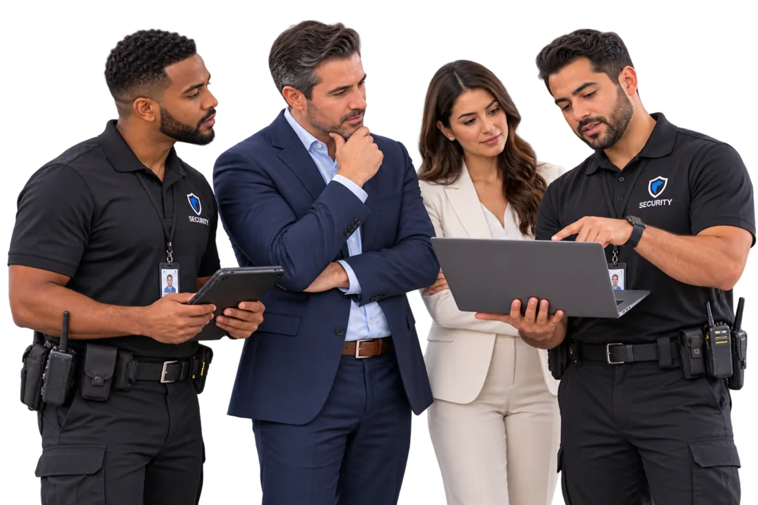 Security staff presenting a client portal on a laptop to business customers