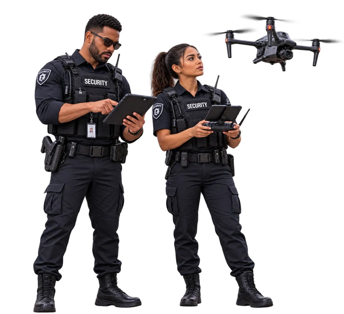 Two security officers operating a surveillance drone with a tablet and controller
